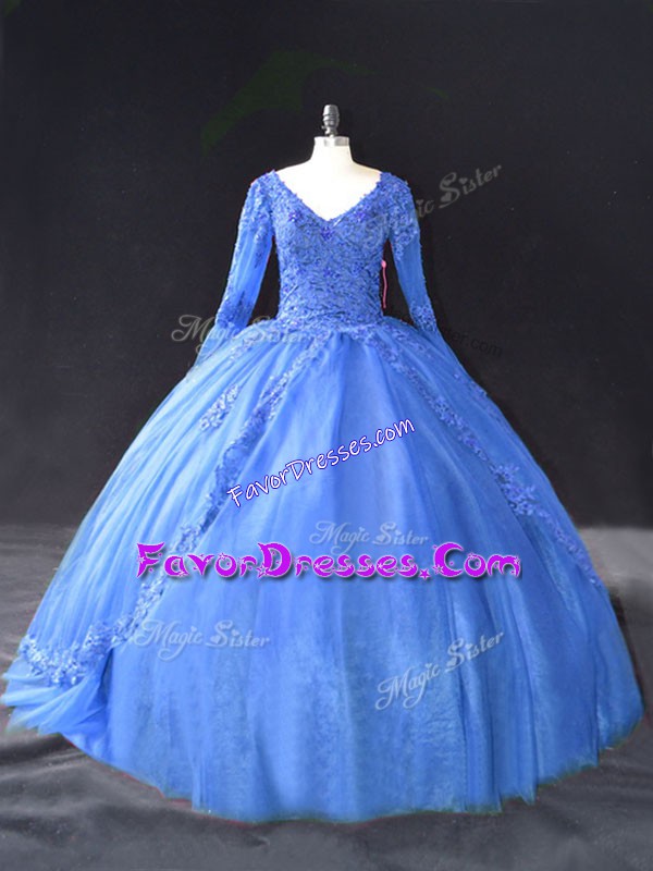  Blue Ball Gowns V-neck Long Sleeves Tulle Floor Length Lace Up Lace and Appliques 15 Quinceanera Dress