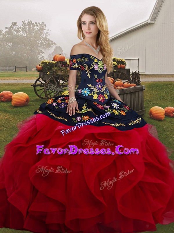  Sleeveless Lace Up Floor Length Embroidery and Ruffles Sweet 16 Dresses
