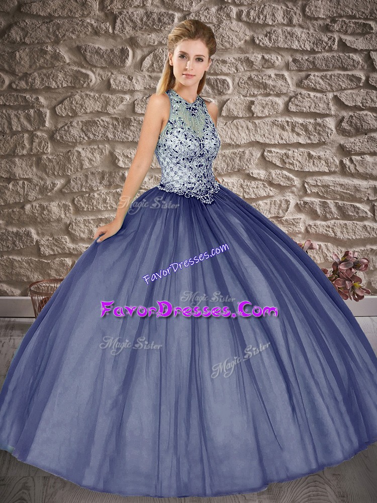 Elegant Navy Blue Scoop Lace Up Beading Quinceanera Gown Sleeveless