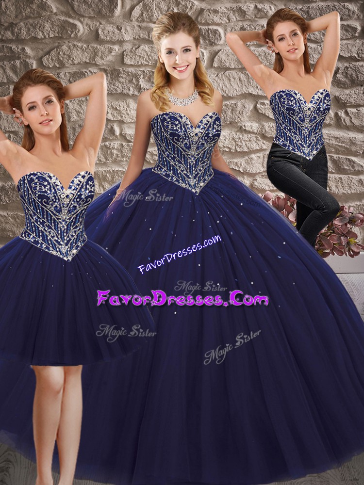 Modern Beading Quinceanera Gown Navy Blue Lace Up Sleeveless Floor Length