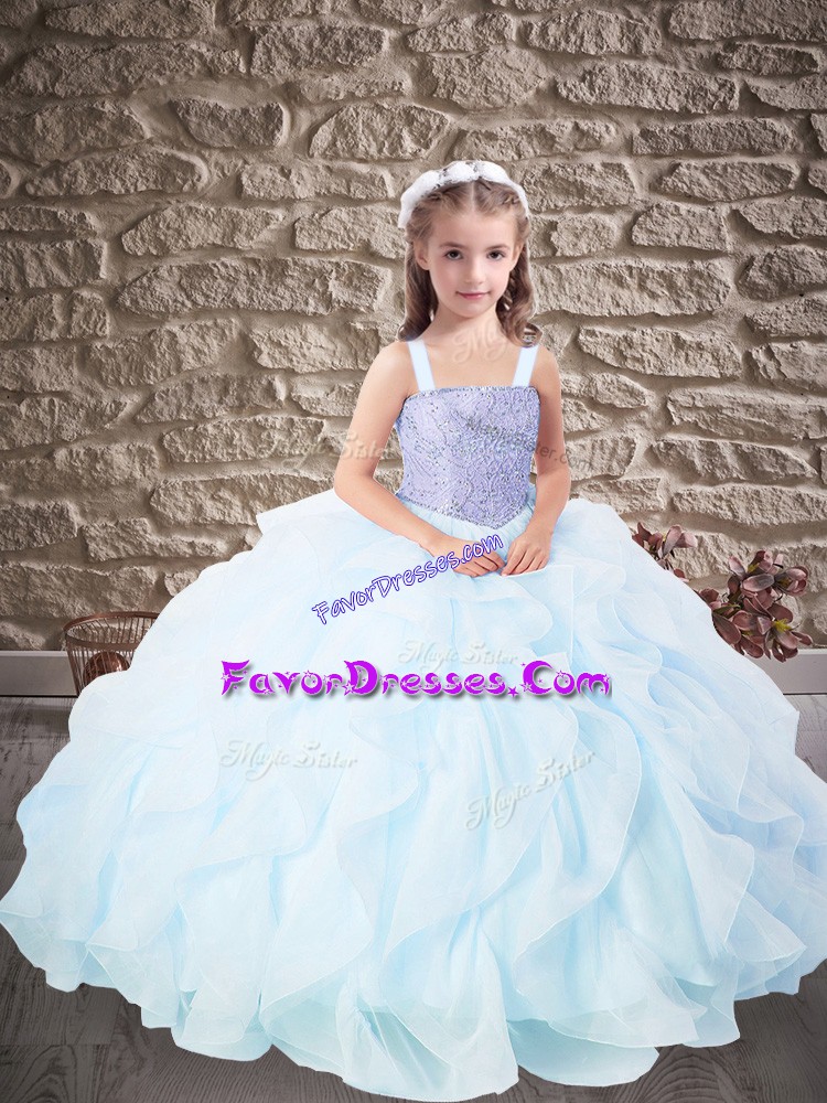 Custom Design Organza Sleeveless Floor Length Kids Pageant Dress and Beading and Ruffles