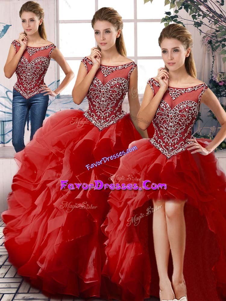 Exquisite Floor Length Zipper Sweet 16 Dresses Red for Sweet 16 and Quinceanera with Beading and Ruffles