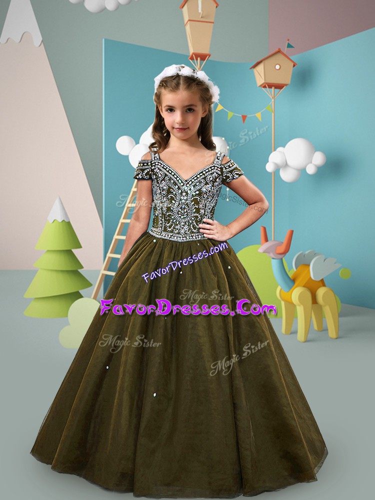 Beauteous Ball Gowns Kids Formal Wear Brown Off The Shoulder Tulle Short Sleeves Floor Length Lace Up
