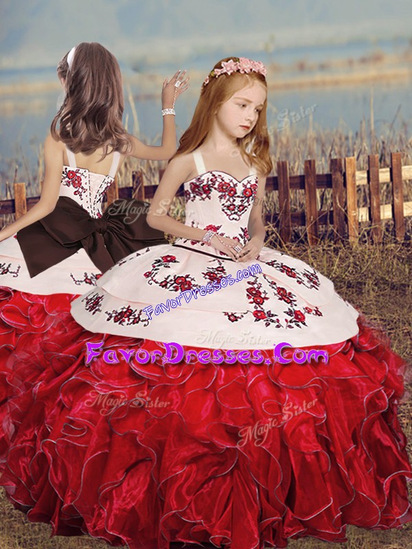  Red Sleeveless Floor Length Embroidery and Ruffles Lace Up Little Girls Pageant Dress Wholesale