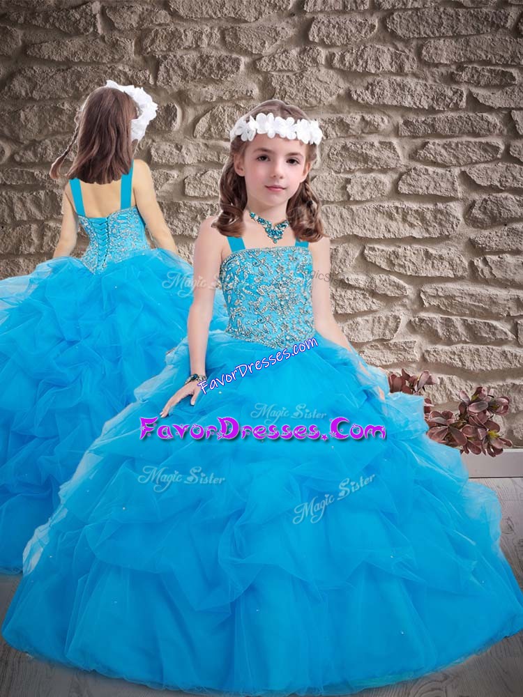 Custom Made Tulle Sleeveless Floor Length Pageant Gowns For Girls and Beading and Pick Ups