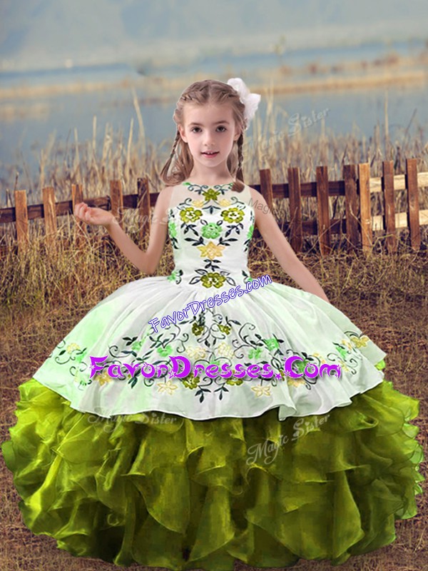  Embroidery and Ruffles Little Girls Pageant Dress Olive Green Lace Up Sleeveless Floor Length