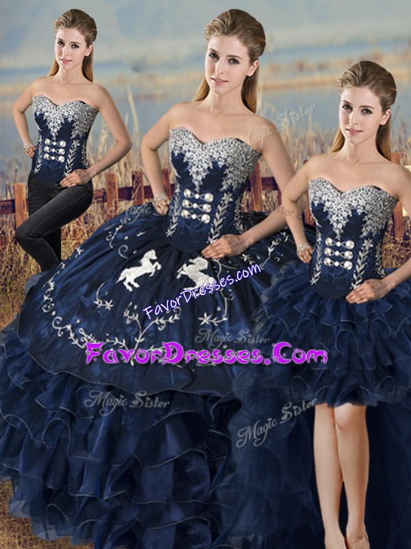  Navy Blue Sleeveless Embroidery and Ruffles Lace Up 15 Quinceanera Dress