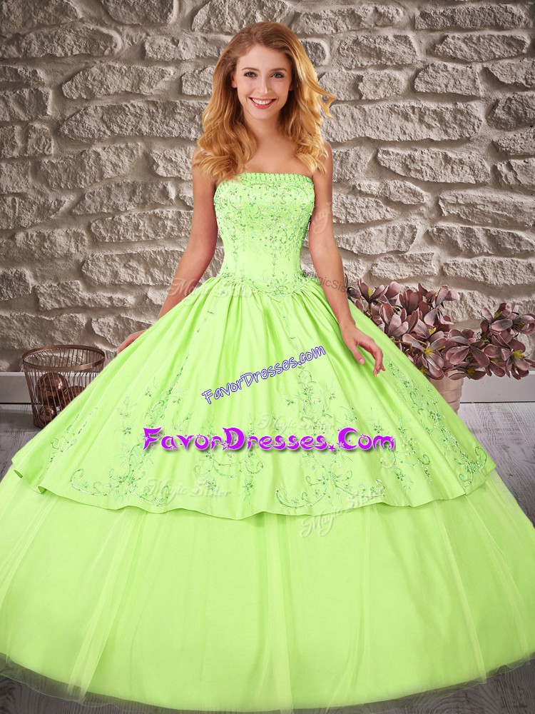 Luxurious Lace Up 15th Birthday Dress Yellow Green for Military Ball and Sweet 16 and Quinceanera with Embroidery Brush Train
