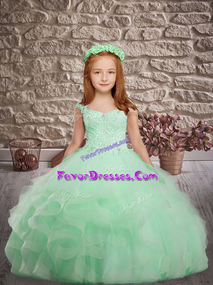 Fashion Apple Green Sleeveless Tulle Brush Train Lace Up Little Girls Pageant Dress for Wedding Party