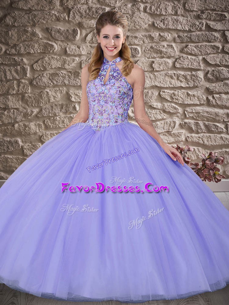  Lavender Ball Gowns Embroidery Sweet 16 Dresses Lace Up Tulle Sleeveless