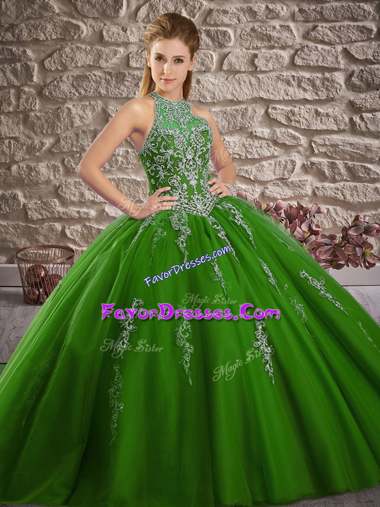 Dynamic Green Sleeveless Tulle Brush Train Lace Up Vestidos de Quinceanera for Military Ball and Sweet 16 and Quinceanera