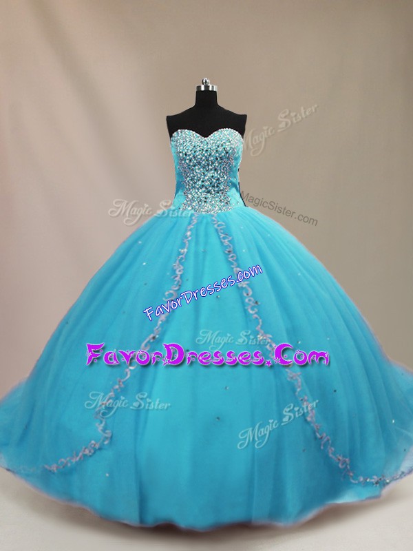  Aqua Blue Ball Gowns Sweetheart Sleeveless Tulle Court Train Lace Up Beading Sweet 16 Quinceanera Dress