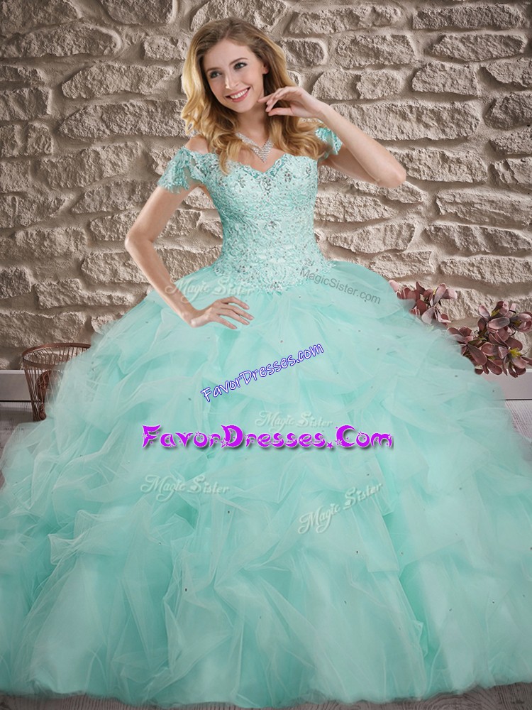  Apple Green Tulle Lace Up Off The Shoulder Sleeveless Sweet 16 Quinceanera Dress Sweep Train Lace and Pick Ups