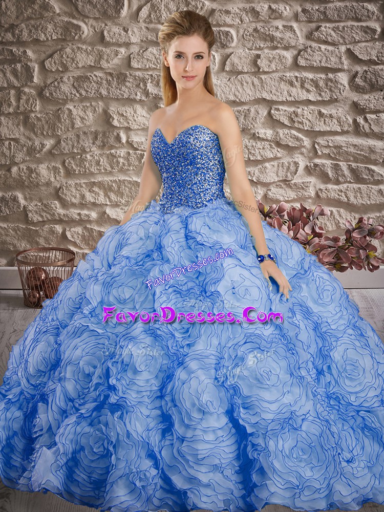 Charming Blue Ball Gowns Fabric With Rolling Flowers Sweetheart Sleeveless Beading Lace Up Sweet 16 Quinceanera Dress Brush Train
