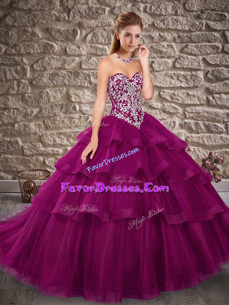  Brush Train Ball Gowns Quinceanera Dress Fuchsia Sweetheart Tulle Sleeveless Lace Up