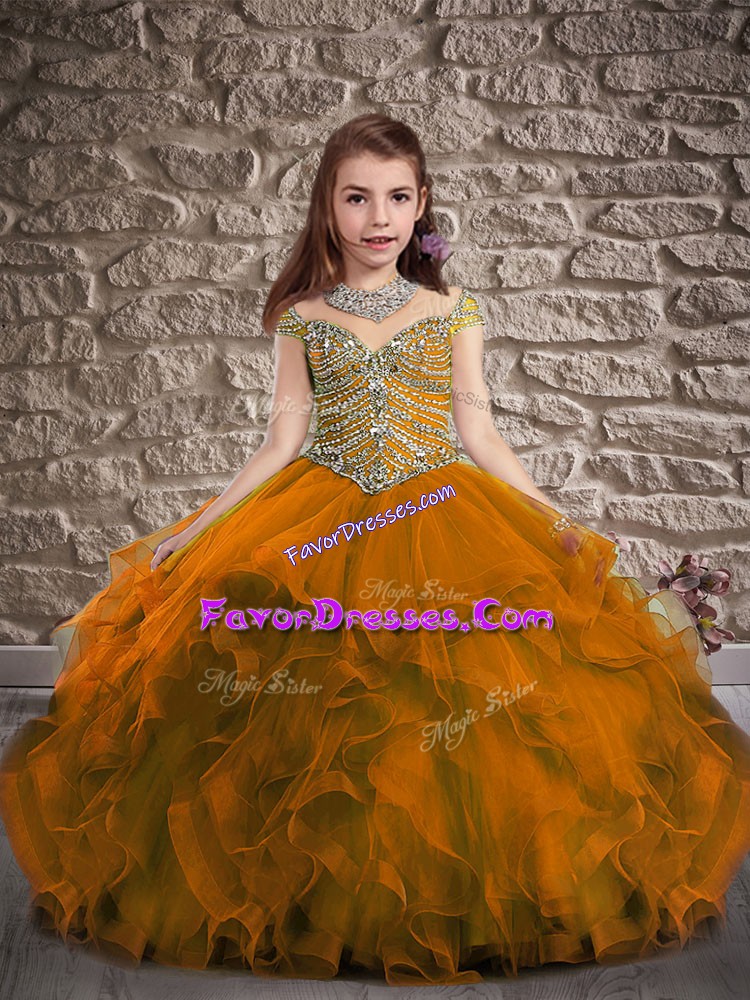  Cap Sleeves Beading and Ruffles Lace Up High School Pageant Dress with Orange Red Sweep Train
