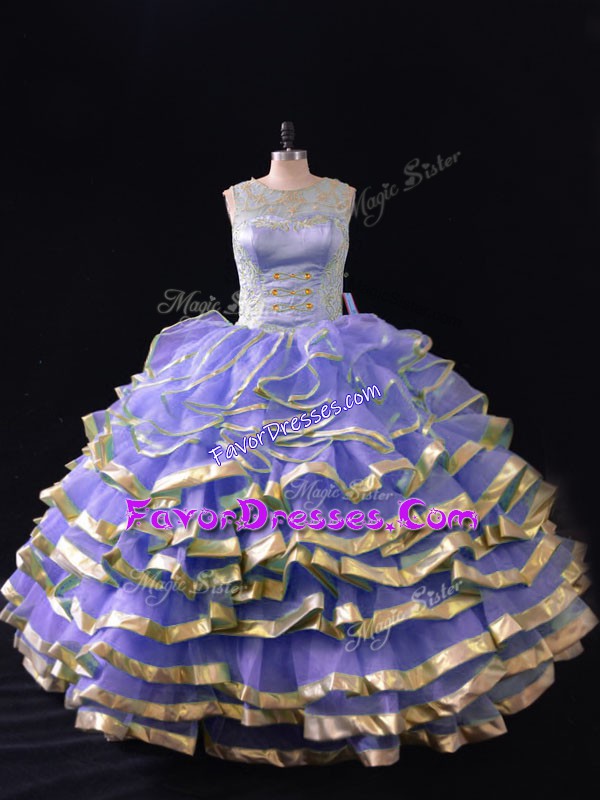 Chic Ball Gowns Sweet 16 Dress Lavender Scoop Organza Sleeveless Floor Length Lace Up