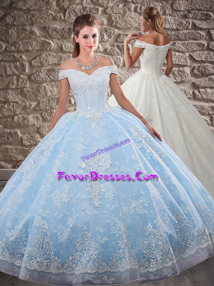  Tulle and Lace Off The Shoulder Sleeveless Brush Train Lace Up Beading and Appliques Quinceanera Gowns in Light Blue