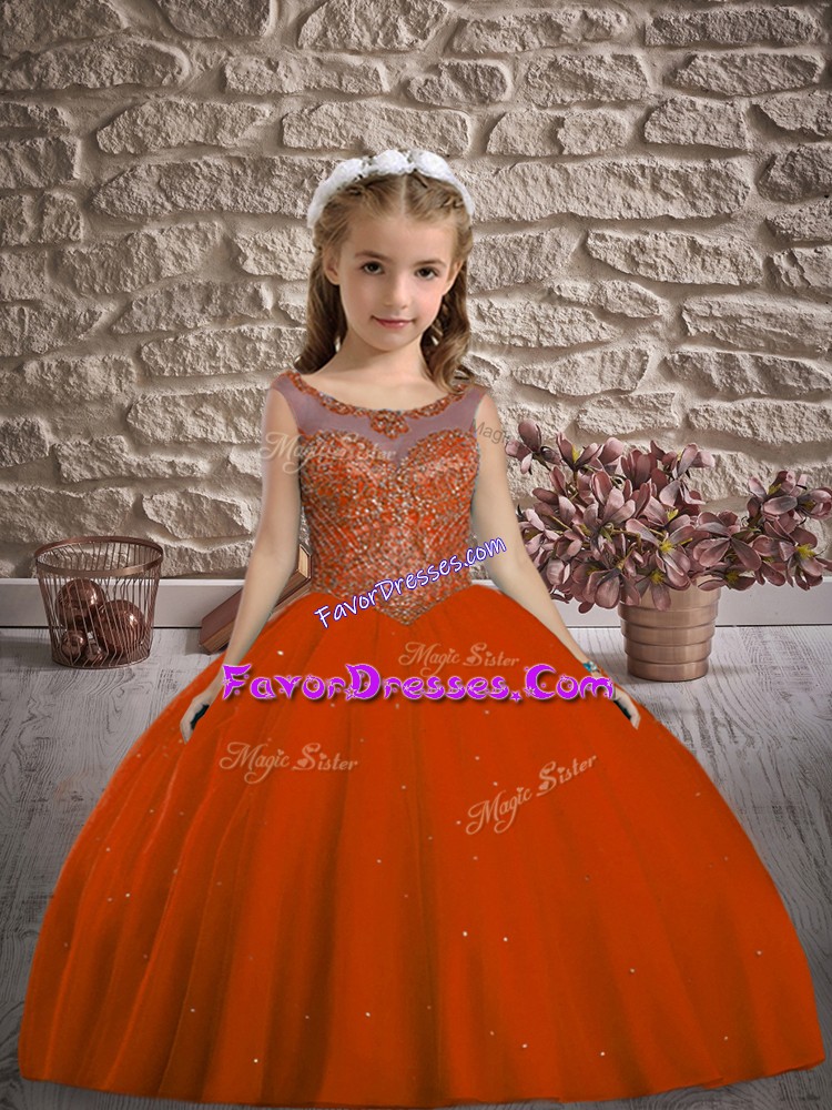  Rust Red Lace Up Little Girls Pageant Gowns Beading Sleeveless Floor Length