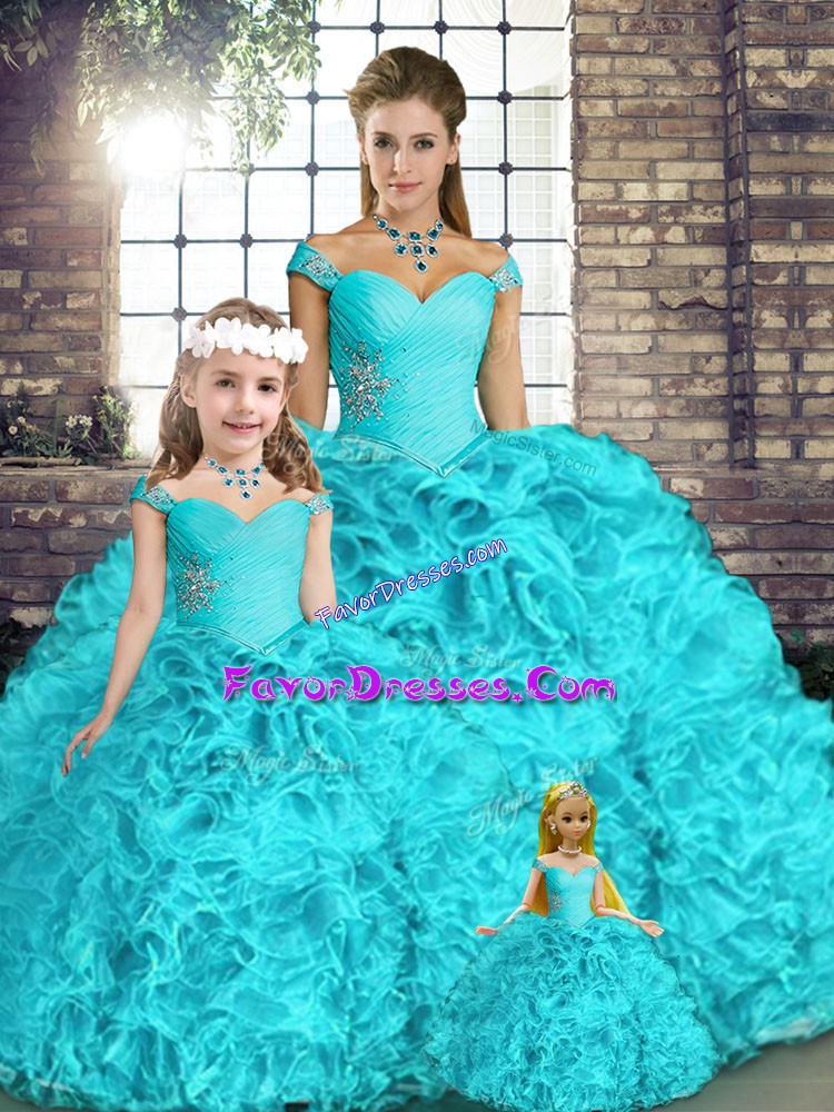  Aqua Blue Organza Lace Up Off The Shoulder Sleeveless Floor Length Sweet 16 Dresses Beading and Ruffles