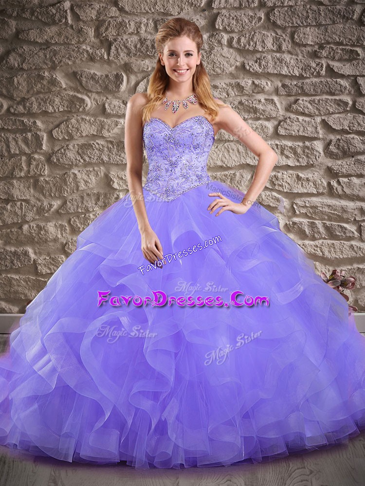 Charming Lavender Quinceanera Dresses Military Ball and Sweet 16 and Quinceanera with Beading and Ruffles Sweetheart Sleeveless Brush Train Lace Up