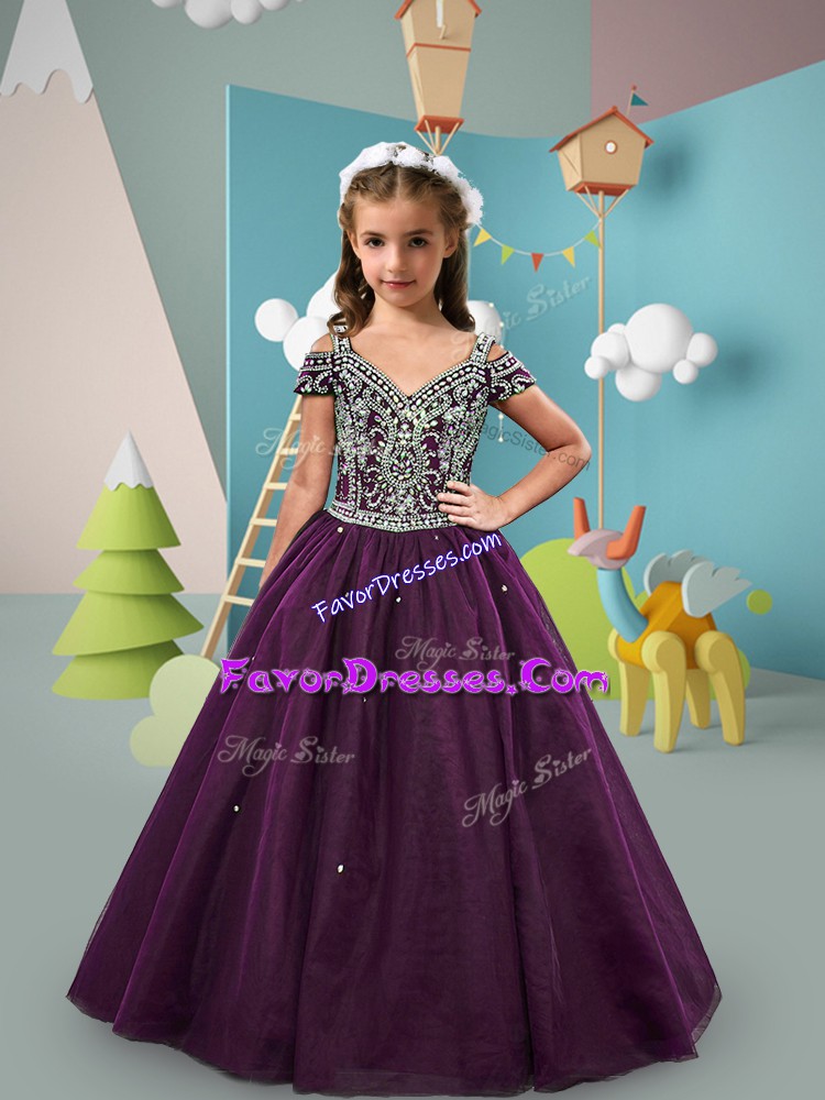  Dark Purple Ball Gowns Off The Shoulder Short Sleeves Tulle Floor Length Lace Up Beading Child Pageant Dress