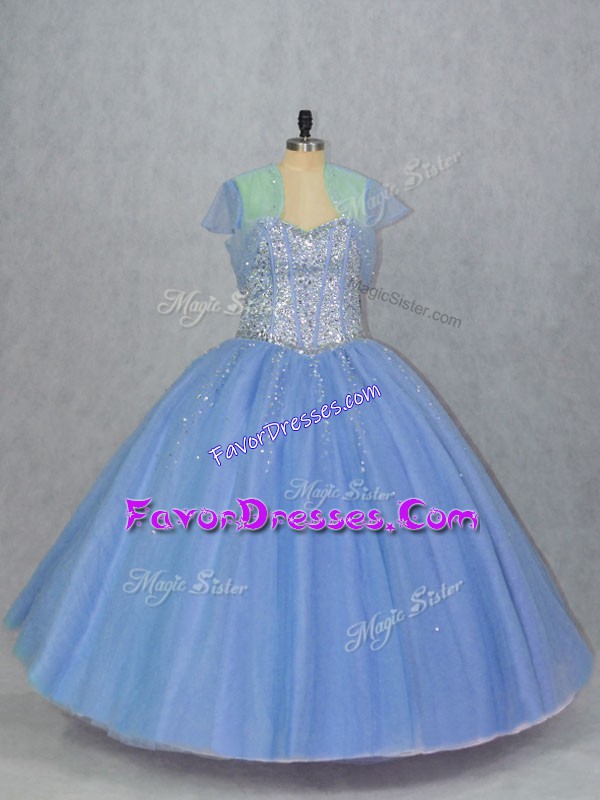 Sumptuous Sweetheart Sleeveless Ball Gown Prom Dress Floor Length Beading Blue Tulle