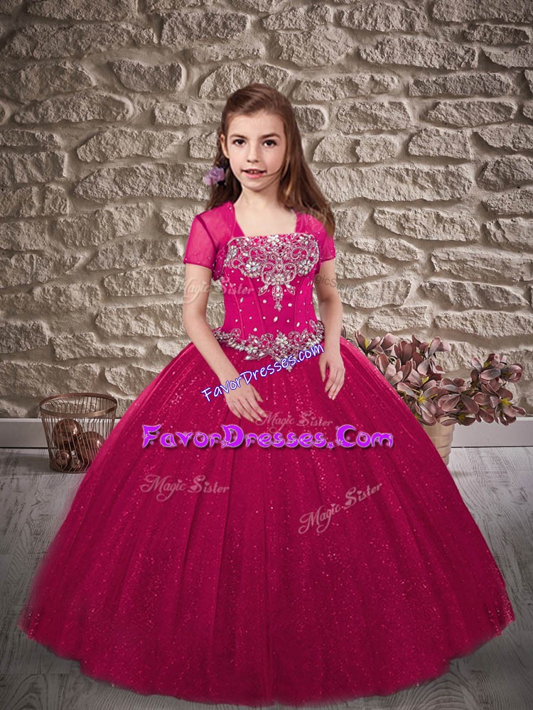 Lovely Sleeveless Tulle Sweep Train Lace Up Girls Pageant Dresses in Fuchsia with Beading
