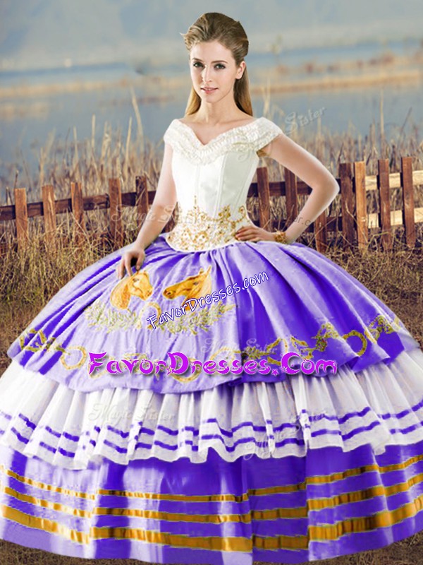 Dramatic Floor Length Lace Up Sweet 16 Dresses White And Purple for Sweet 16 and Quinceanera with Embroidery and Ruffled Layers