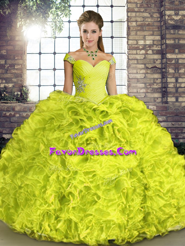 Elegant Yellow Green Sleeveless Beading and Ruffles Floor Length 15 Quinceanera Dress