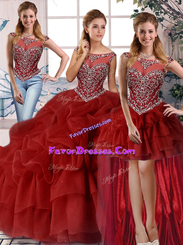 Adorable Wine Red Three Pieces Organza Scoop Sleeveless Beading and Pick Ups Zipper Sweet 16 Quinceanera Dress Brush Train
