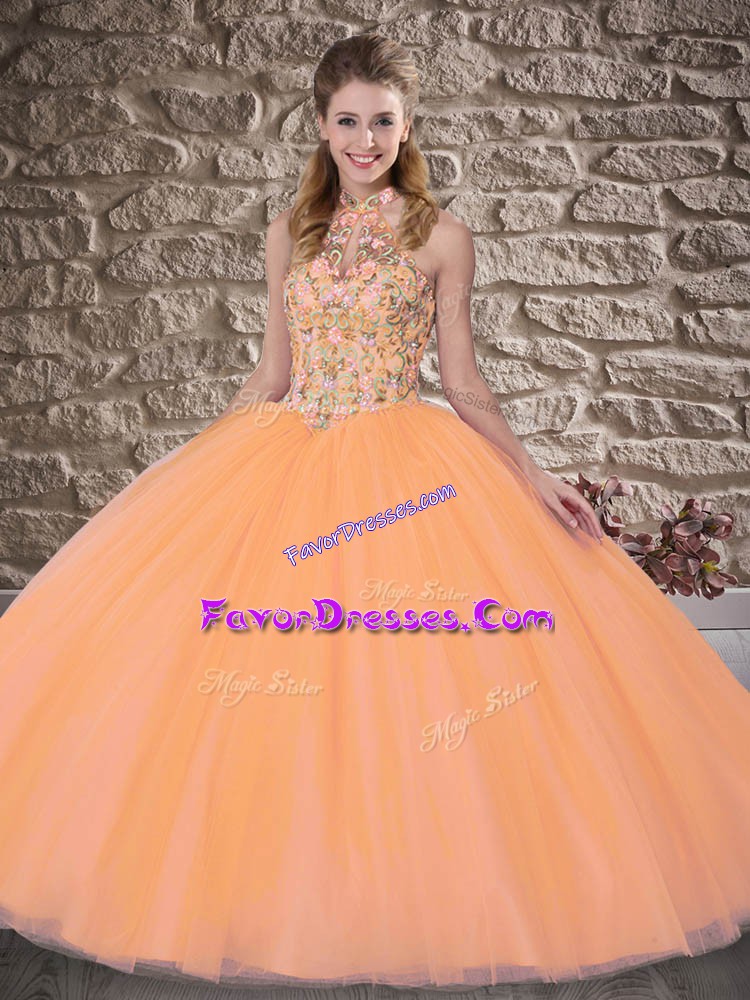  Orange Tulle Lace Up Halter Top Sleeveless Quinceanera Dress Brush Train Embroidery
