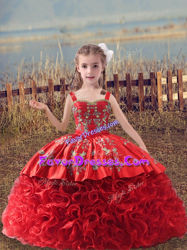  Red Straps Neckline Embroidery Child Pageant Dress Sleeveless Lace Up