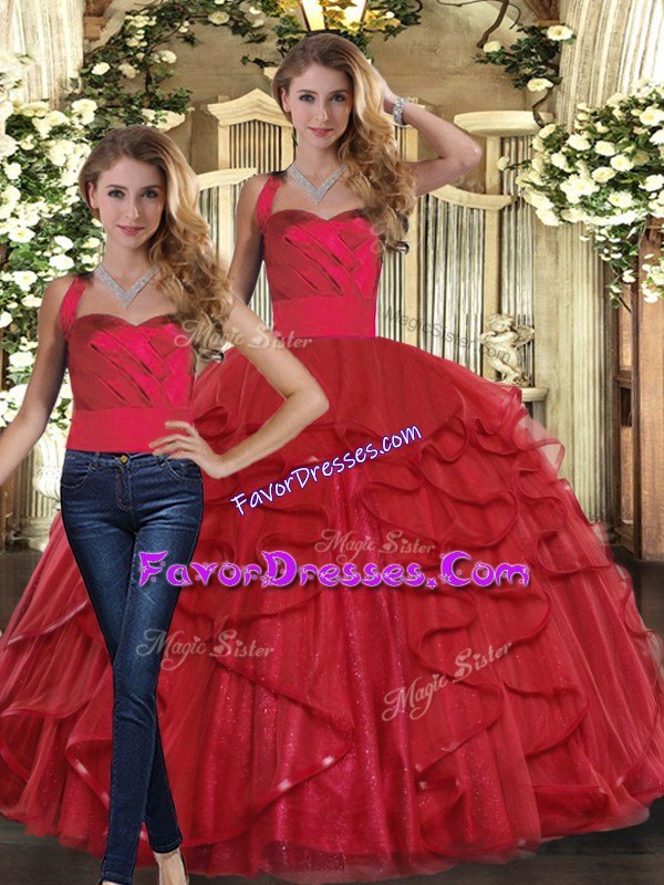  Red Quinceanera Gown Sweet 16 and Quinceanera with Ruffles Straps Sleeveless Lace Up
