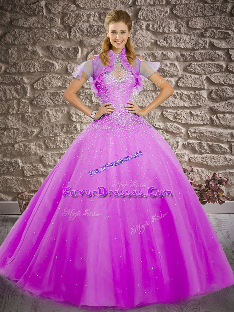 On Sale Ball Gowns Sleeveless Lilac Quinceanera Gown Brush Train Lace Up
