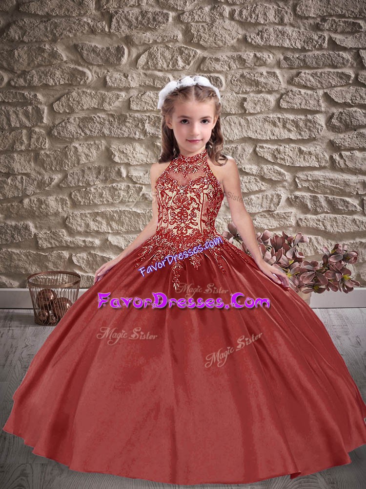 Superior Lace Up Kids Pageant Dress Rust Red for Wedding Party with Beading and Appliques Sweep Train