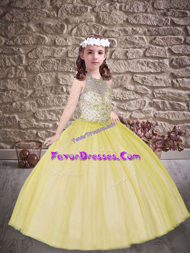  Yellow Ball Gowns Tulle Halter Top Sleeveless Beading Floor Length Lace Up Kids Formal Wear