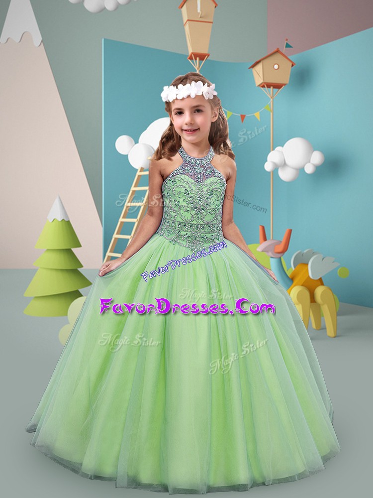 Best Halter Top Sleeveless Tulle Little Girl Pageant Dress Beading Sweep Train Lace Up