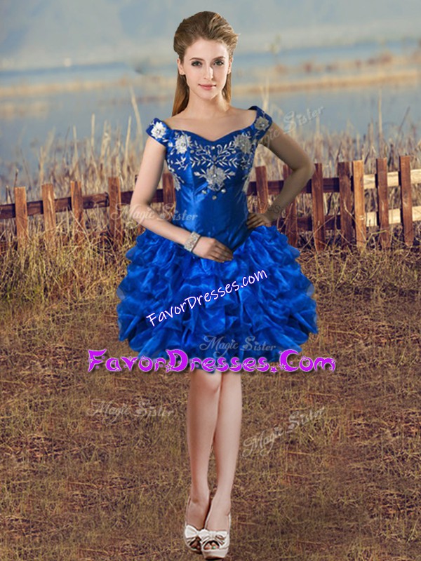 Shining Royal Blue Ball Gowns Off The Shoulder Sleeveless Organza Knee Length Lace Up Embroidery and Ruffles 