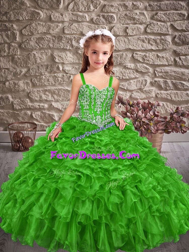 Amazing Ball Gowns Sleeveless Green Kids Pageant Dress Brush Train Lace Up