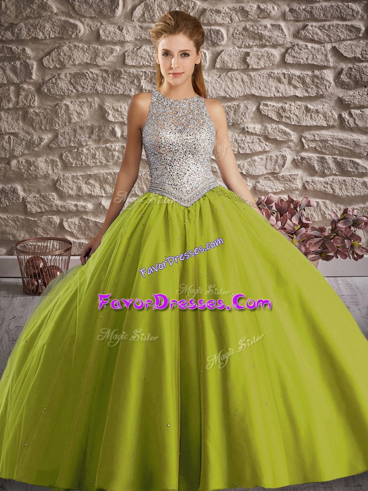  Olive Green Sleeveless Tulle Brush Train Backless Ball Gown Prom Dress for Military Ball and Sweet 16 and Quinceanera