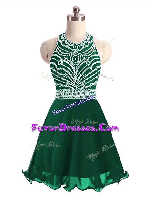  Green A-line Halter Top Sleeveless Chiffon Mini Length Lace Up Beading Dress for Prom