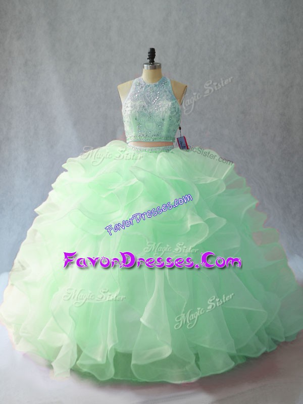 Sumptuous Apple Green Ball Gowns Halter Top Sleeveless Organza Brush Train Backless Beading and Ruffles Sweet 16 Dresses