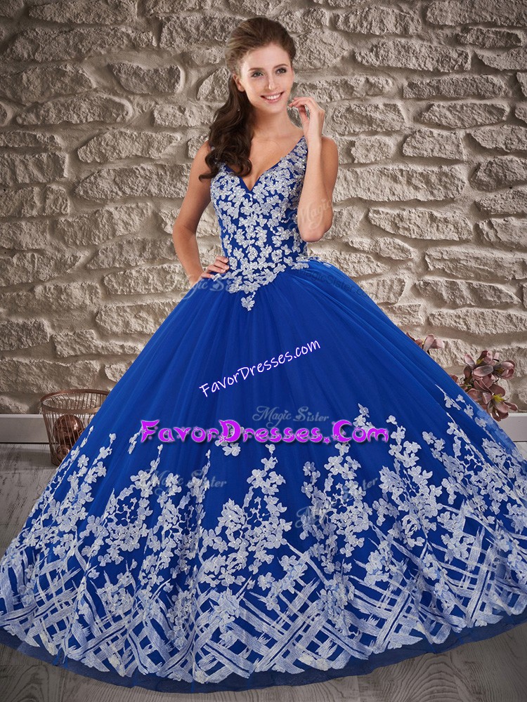  Royal Blue Lace Up V-neck Appliques Quinceanera Gowns Tulle Sleeveless Brush Train