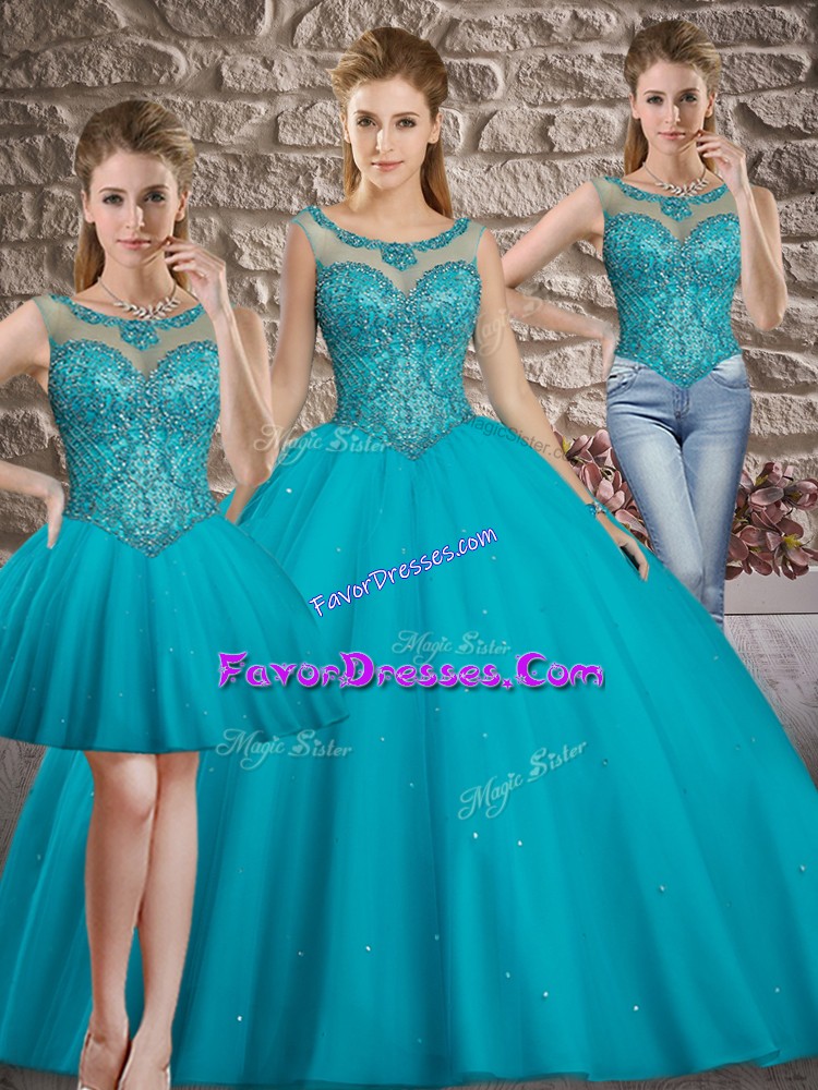 Fabulous Teal Sleeveless Floor Length Beading Lace Up Sweet 16 Dresses