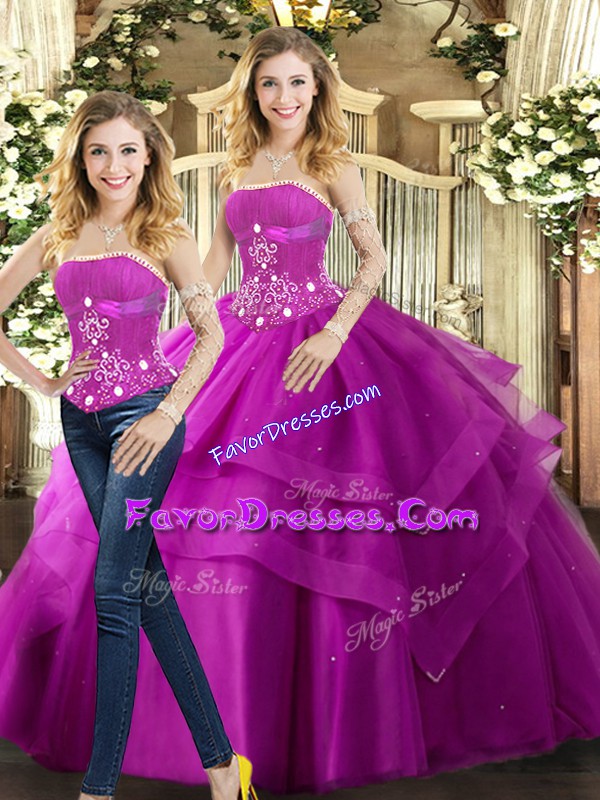Sumptuous Sleeveless Tulle Floor Length Lace Up Sweet 16 Quinceanera Dress in Fuchsia with Beading and Ruffles