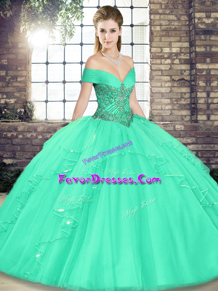 Fine Apple Green Tulle Lace Up Off The Shoulder Sleeveless Floor Length Quinceanera Gown Beading and Ruffles