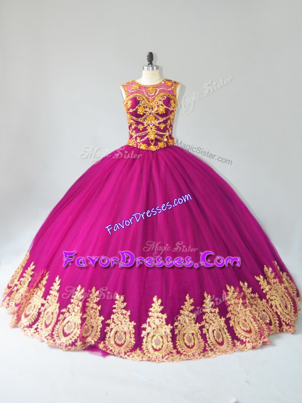 Dazzling Fuchsia Ball Gowns Beading and Appliques Ball Gown Prom Dress Lace Up Tulle Sleeveless Floor Length