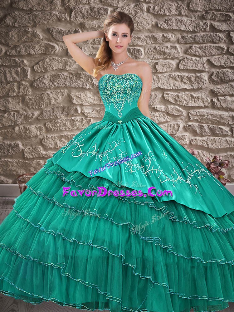 Sweet Turquoise Sweet 16 Quinceanera Dress Military Ball and Sweet 16 and Quinceanera with Embroidery and Ruffled Layers Sweetheart Sleeveless Lace Up