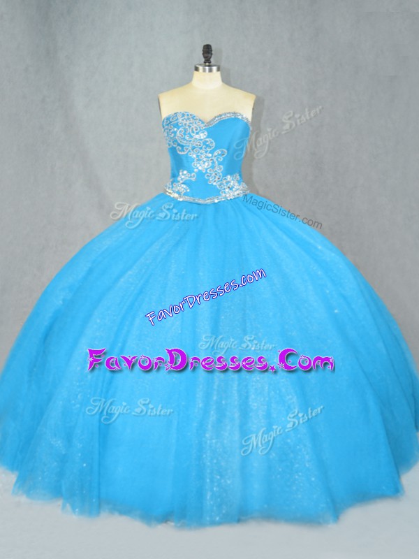 Stylish Blue Ball Gowns Beading Quinceanera Gowns Lace Up Tulle Sleeveless Floor Length